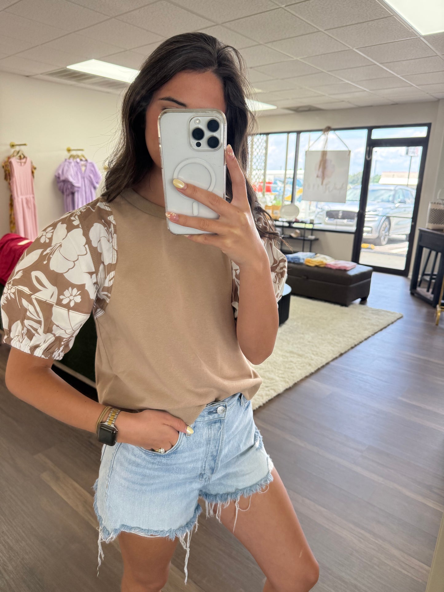 Tan Floral Sleeve Top
