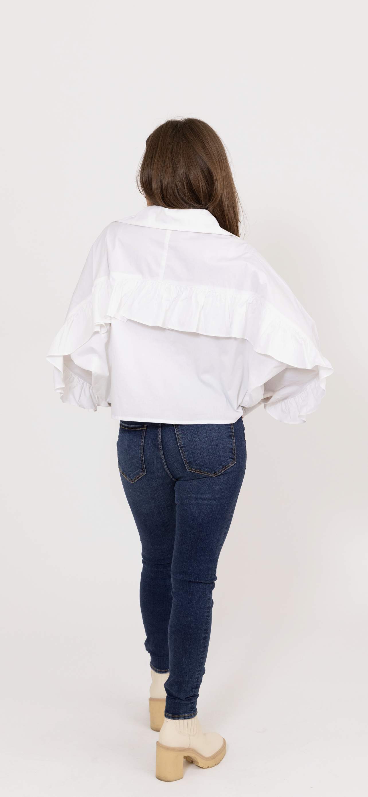 White Ruffle Button Up