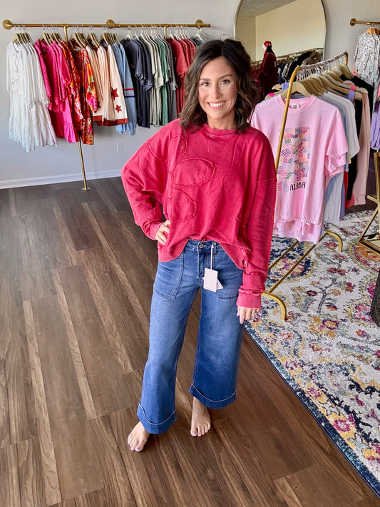 Boho Red Flower Patched Pullover