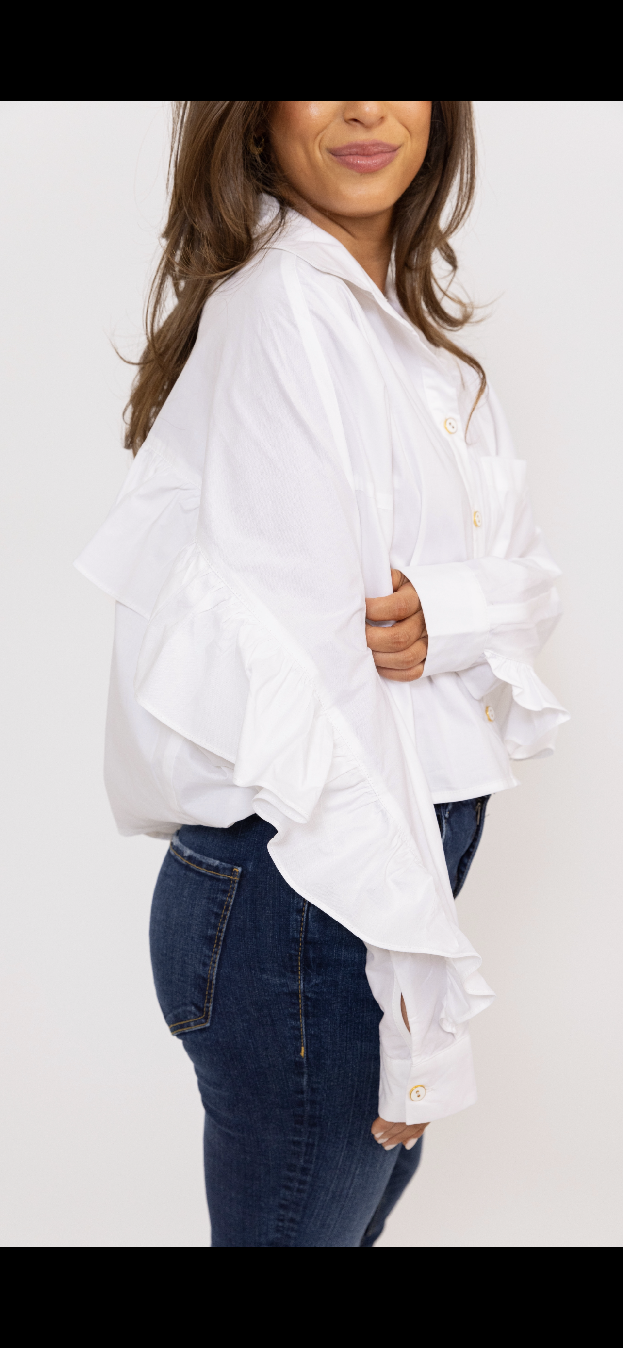 White Ruffle Button Up